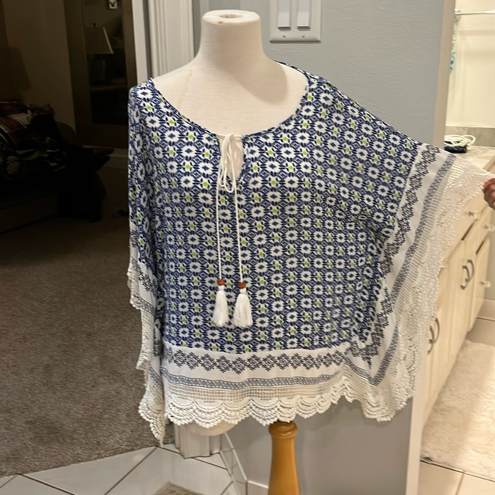 Festive print and lace poncho top